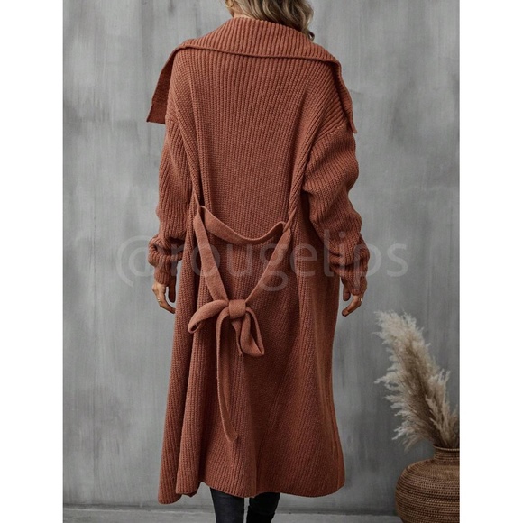 Knit Coat Style Duster Cardigan Belted Long Sleeve in Brown - Picture 4 of 8